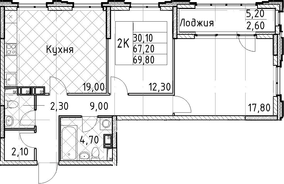 2-комнатная квартира 69.8 м², 4/13 эт., ЖК «Тайм Сквер»